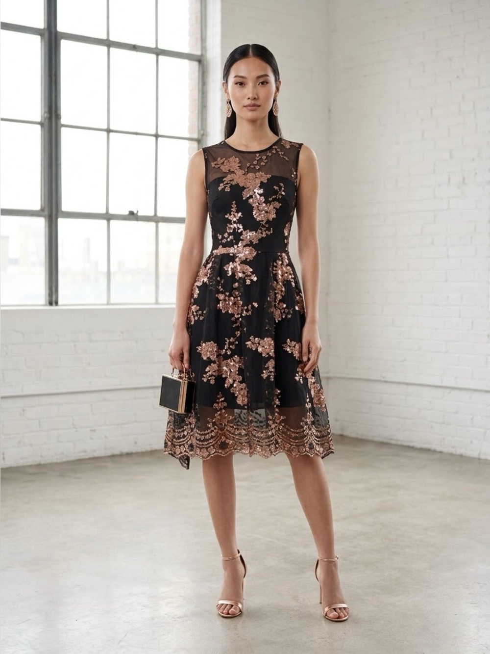 Maje black & rose gold sequin fit & flare midi dress - Small